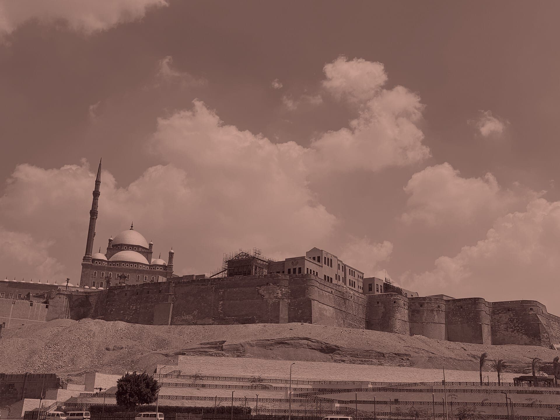 The Salah El-Din Citadel on its ridge above Cairo, with the domes and minarets of the Muhammad Ali Mosque.